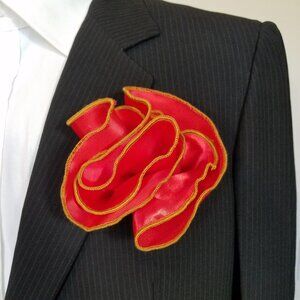 NEW! 2-in-1 Pouf Pocket Square - Dark Gold Trim on Bright Red